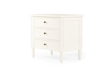 Load image into Gallery viewer, Whitsunday 3 Drawer Bedside Table in white gloss finish with fluted legs, coastal bedroom furniture delivered fully assembled. Front angle perpsective.