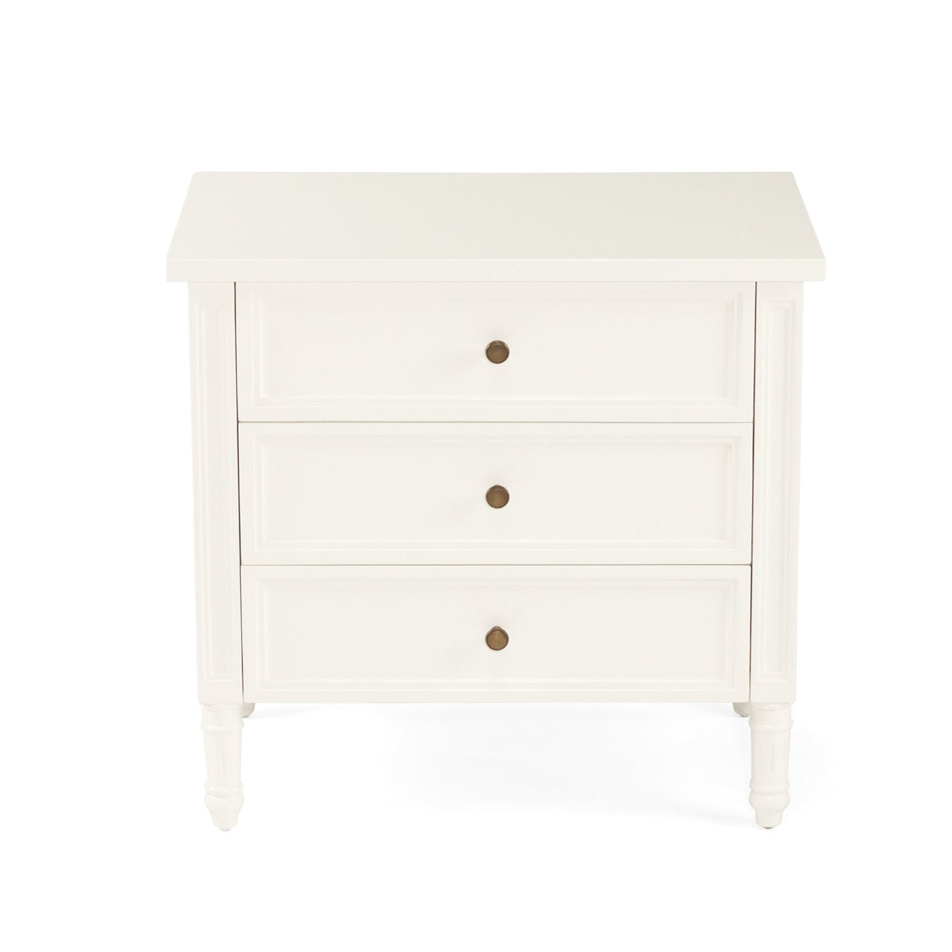 Whitsunday 3 Drawer Bedside Table in white gloss finish with fluted legs, coastal bedroom furniture delivered fully assembled. Front tilt perpsective.
