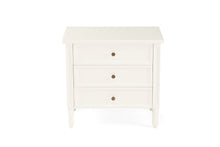 Load image into Gallery viewer, Whitsunday 3 Drawer Bedside Table in white gloss finish with fluted legs, coastal bedroom furniture delivered fully assembled. Front tilt perpsective.