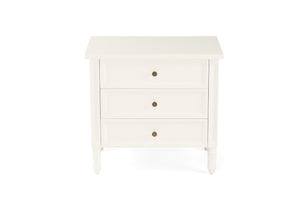 Whitsunday 3 Drawer Bedside Table in white gloss finish with fluted legs, coastal bedroom furniture delivered fully assembled. Front tilt perpsective.