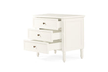 Load image into Gallery viewer, Whitsunday 3 Drawer Bedside Table in white gloss finish with fluted legs, coastal bedroom furniture delivered fully assembled. Drawers out perpsective.