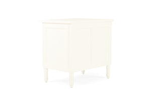 Whitsunday 3 Drawer Bedside Table in white gloss finish with fluted legs, coastal bedroom furniture delivered fully assembled. Back perpsective.
