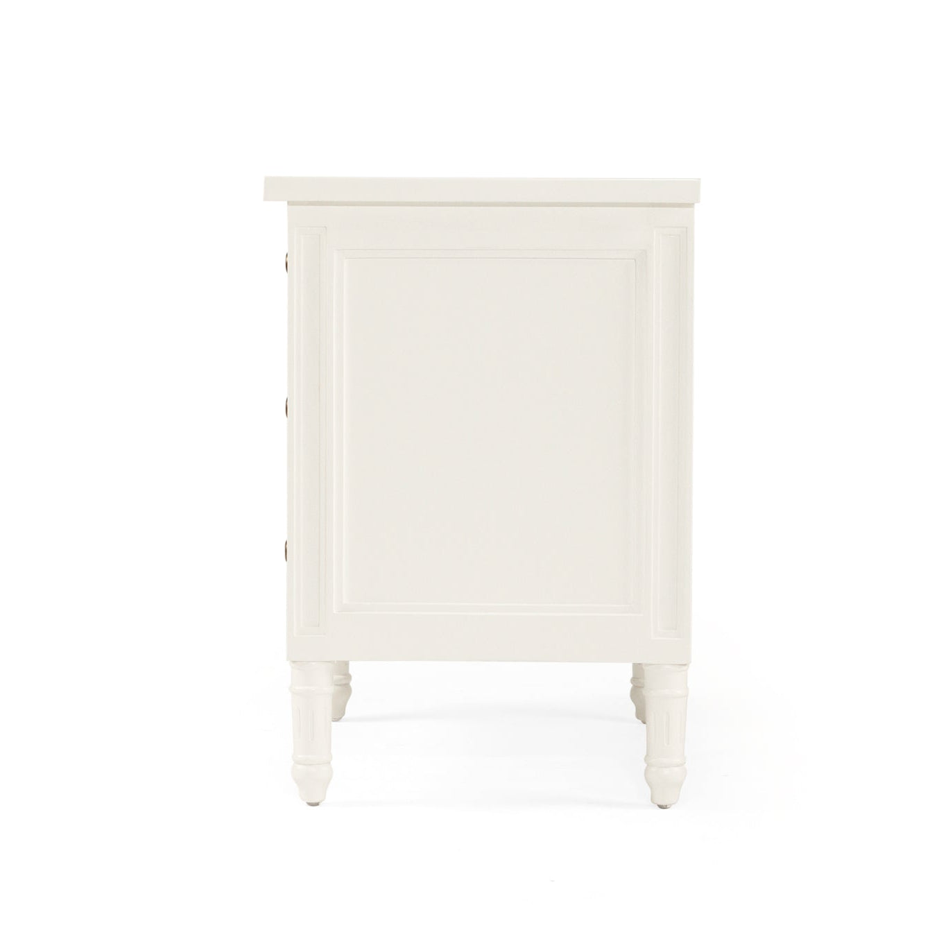 Side view of Whitsunday white bedside table with fluted legs and gloss finish