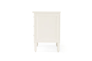 Whitsunday 3 Drawer Bedside Table in white gloss finish with fluted legs, coastal bedroom furniture delivered fully assembled. Side perpsective.