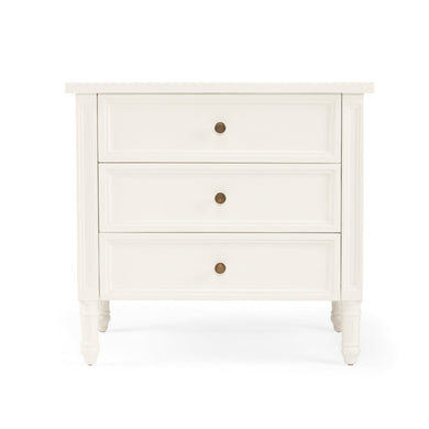 Whitsunday 3 Drawer Bedside Table in white gloss finish with fluted legs, coastal bedroom furniture delivered fully assembled.