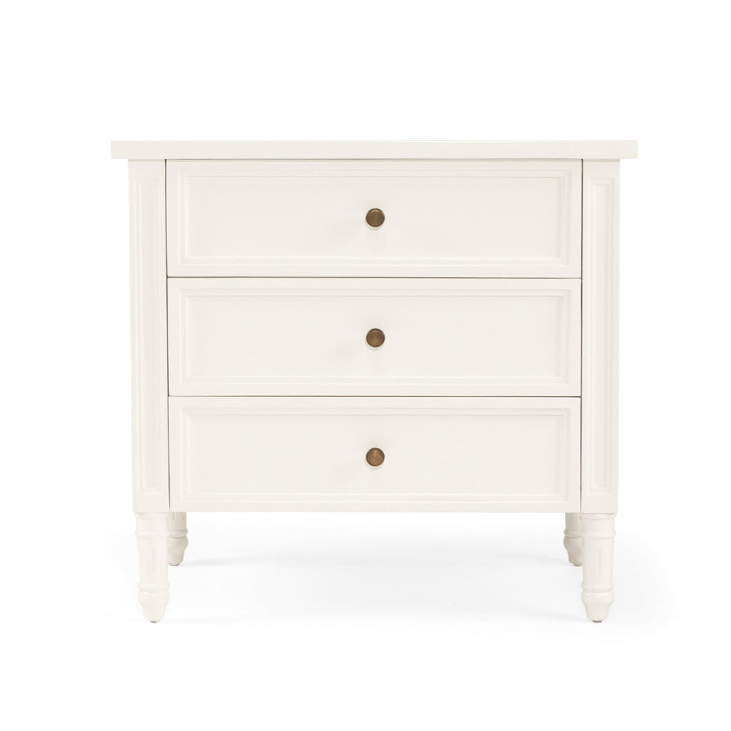 Whitsunday 3 Drawer Bedside Table in white gloss finish with fluted legs, coastal bedroom furniture delivered fully assembled.