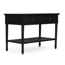 Load image into Gallery viewer, Whitsunday Wide Nightstand in black, solid hardwood bedside table with single drawer and cane shelf, classic coastal bedroom furniture with beachside charm. Front angle perspective.