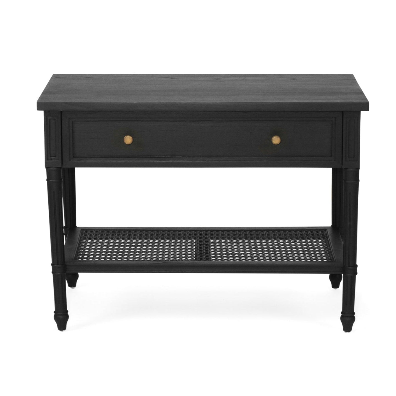 Whitsunday Wide Nightstand in black, solid hardwood bedside table with single drawer and cane shelf, classic coastal bedroom furniture with beachside charm. Front perspective.