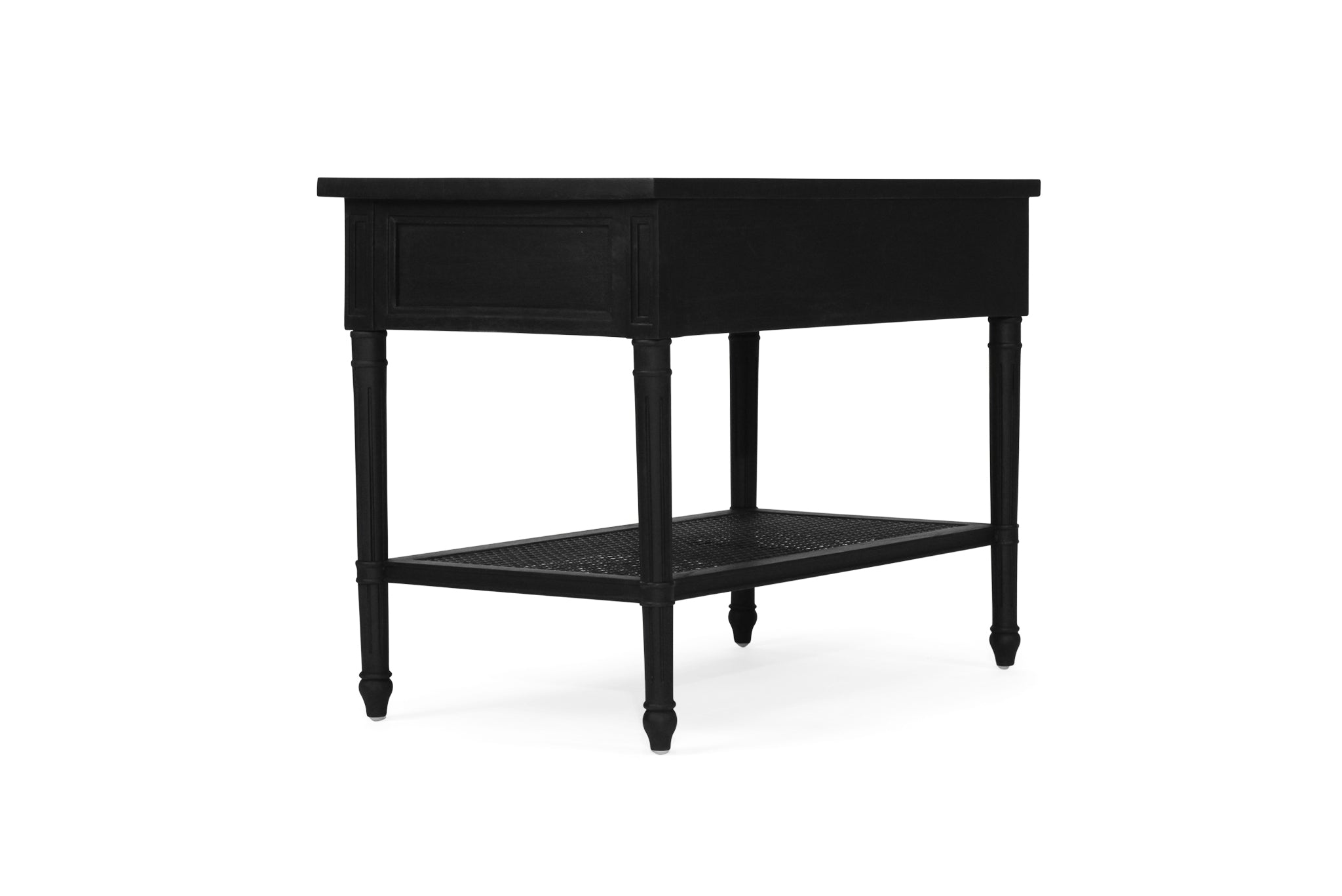 Whitsunday Wide Nightstand in black, solid hardwood bedside table with single drawer and cane shelf, classic coastal bedroom furniture with beachside charm. Back perspective.