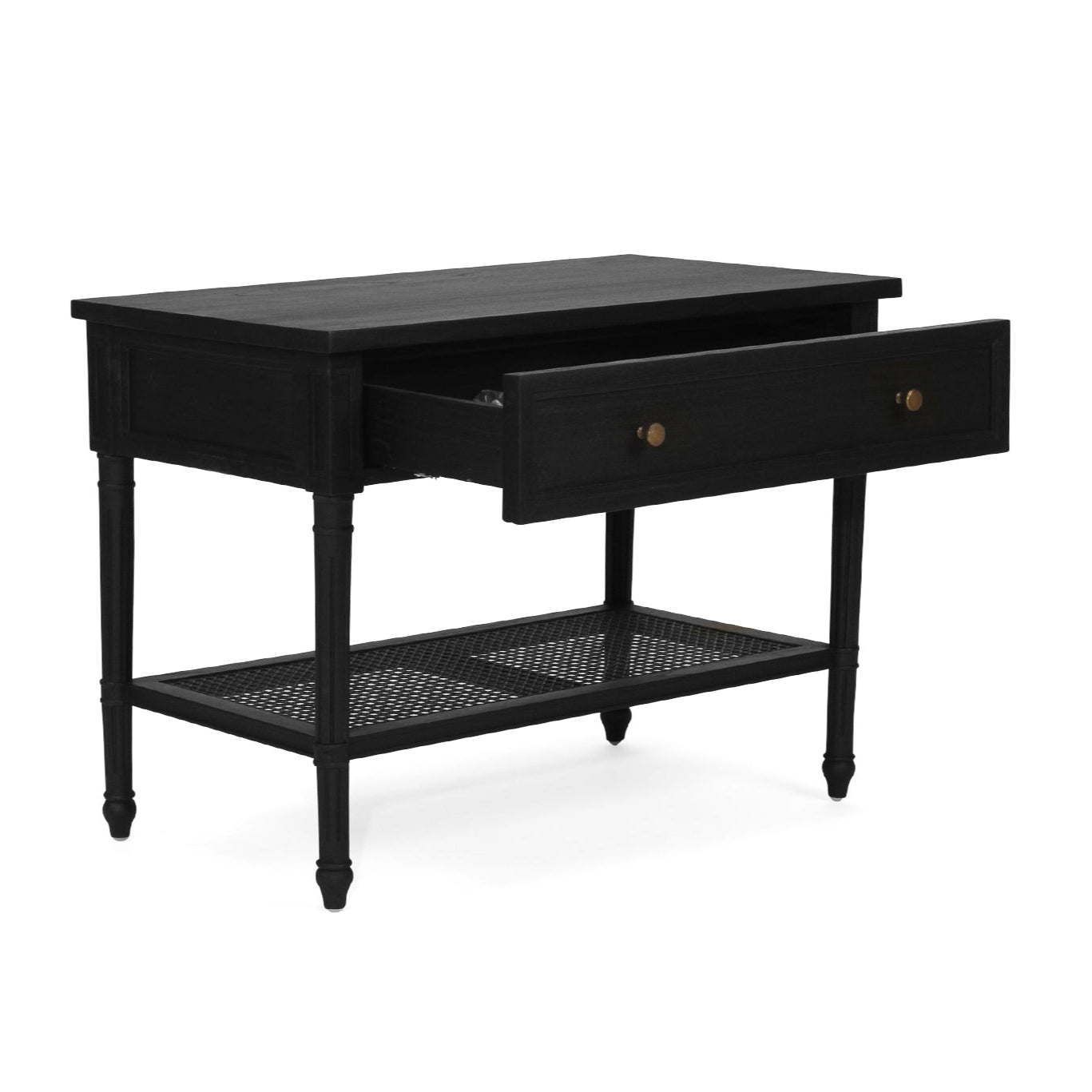 Whitsunday Wide Nightstand in black, solid hardwood bedside table with single drawer and cane shelf, classic coastal bedroom furniture with beachside charm. Front perspective with drawer open.