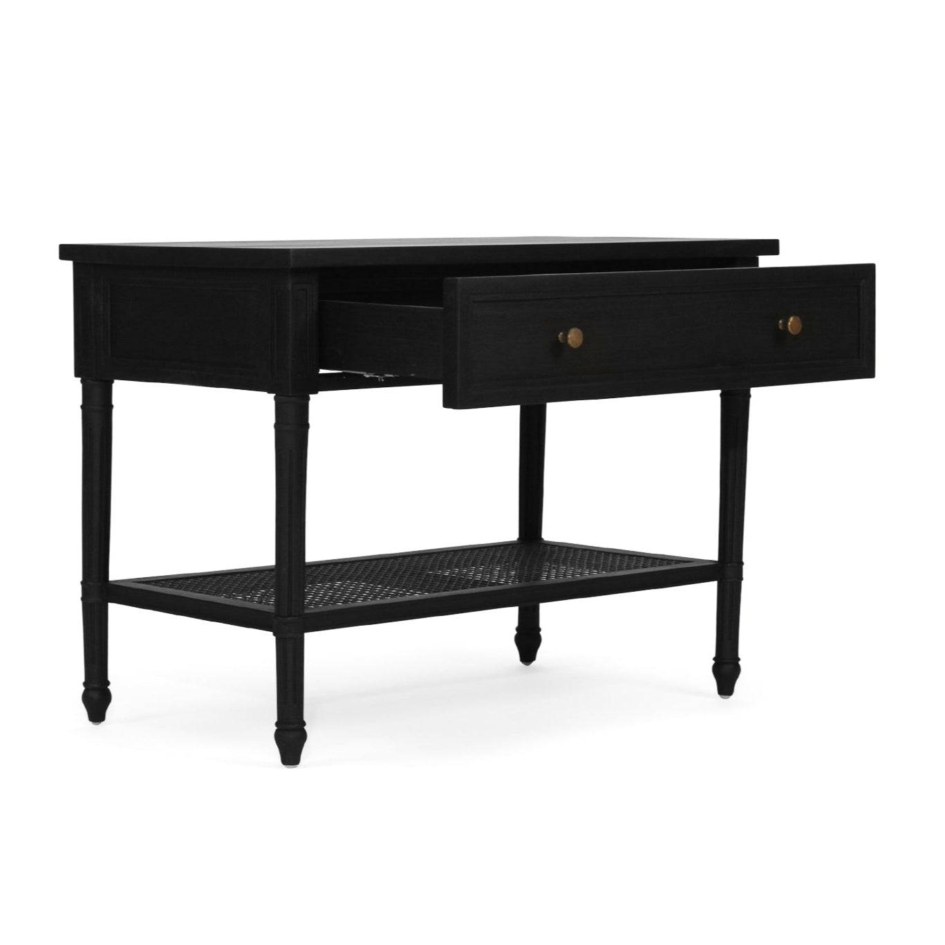 Whitsunday Wide Nightstand in black, solid hardwood bedside table with single drawer and cane shelf, classic coastal bedroom furniture with beachside charm. Front perspective with drawer out.