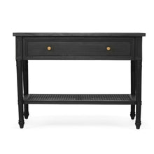 Load image into Gallery viewer, Whitsunday Wide Nightstand in black, solid hardwood bedside table with single drawer and cane shelf, classic coastal bedroom furniture with beachside charm.
