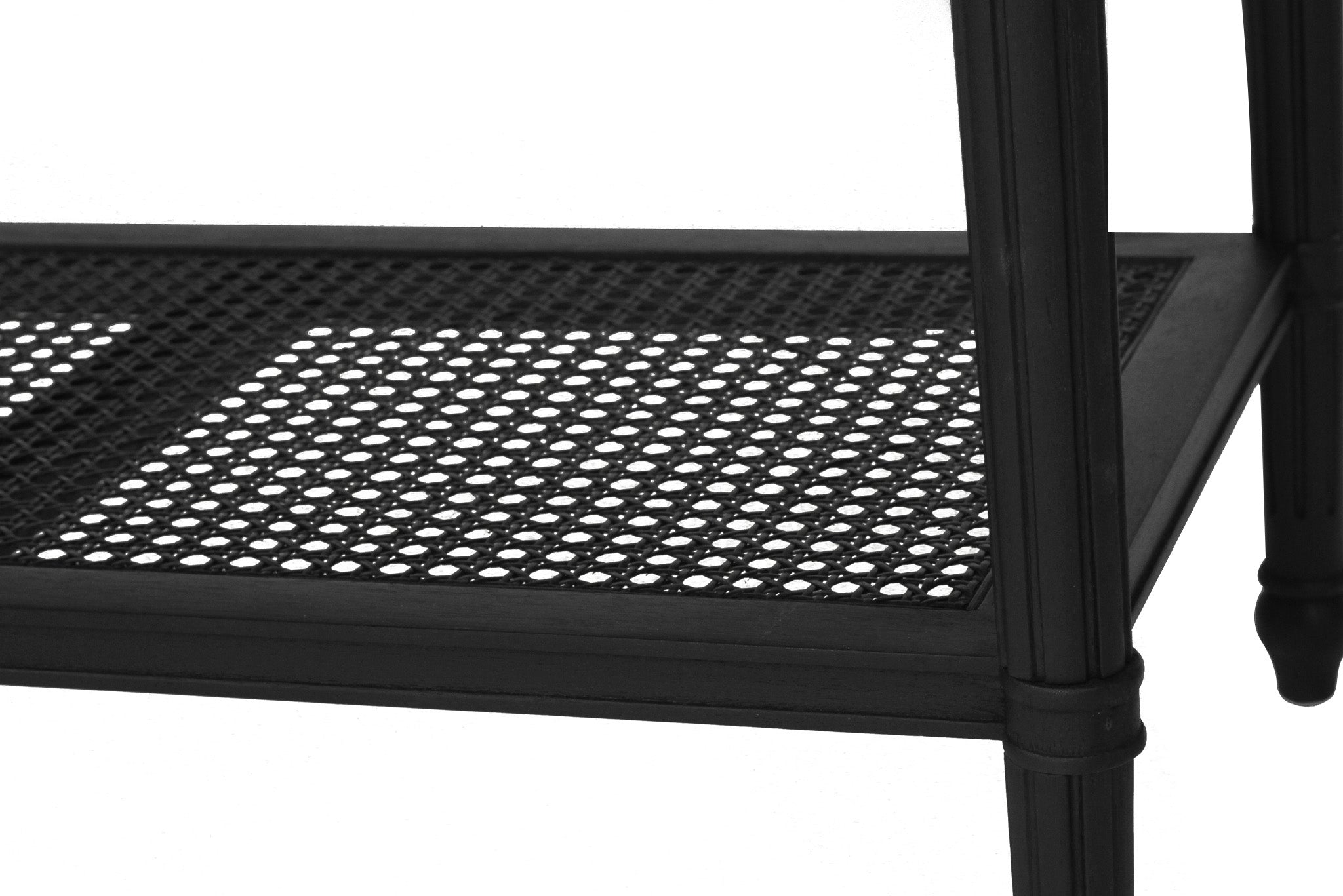 Whitsunday Wide Nightstand in black, solid hardwood bedside table with single drawer and cane shelf, classic coastal bedroom furniture with beachside charm. Shelf close up.