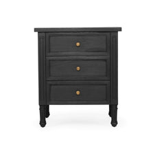 Load image into Gallery viewer, Whitsunday 3 Drawer Bedside Table in black with fluted legs and natural cane shelf, solid hardwood coastal bedroom furniture.