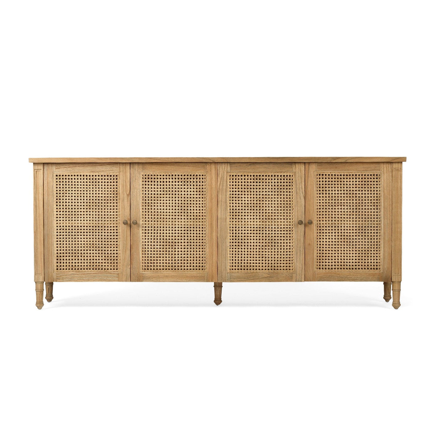Whitsunday four door sideboard in weathered oak with natural rattan doors front view