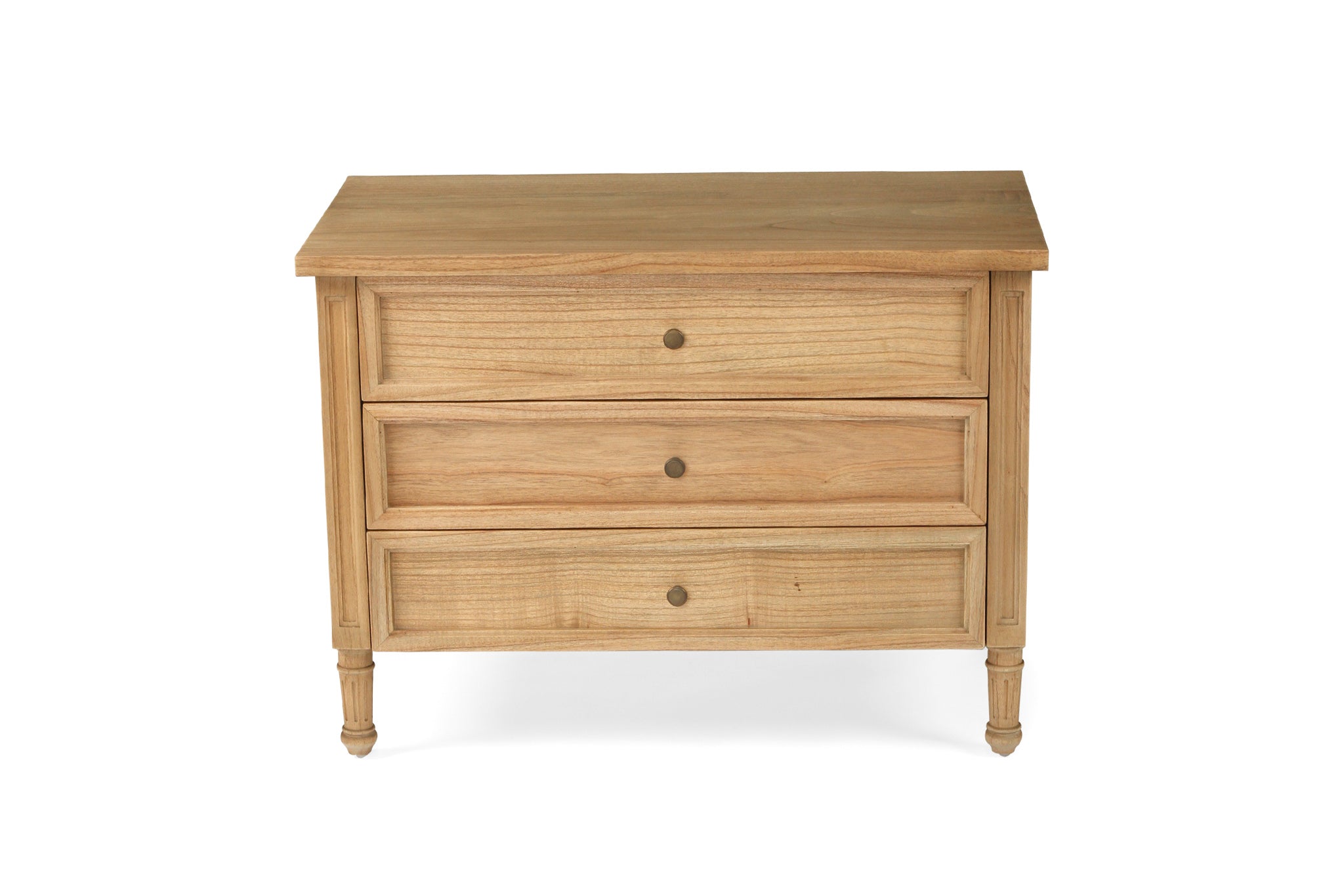 Whitsunday 3 Drawer Wide Nightstand in weathered oak, solid hardwood bedside table with three drawers, coastal bedroom furniture with timeless beachside charm. Front perspective.