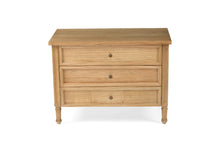 Load image into Gallery viewer, Whitsunday 3 Drawer Wide Nightstand in weathered oak, solid hardwood bedside table with three drawers, coastal bedroom furniture with timeless beachside charm. Front perspective.