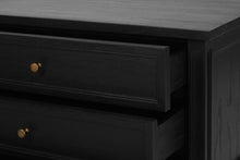 Load image into Gallery viewer, Whitsunday Wide Nightstand in black, solid hardwood bedside table with three drawers, coastal bedroom furniture with timeless beachside charm. Drawer close up.