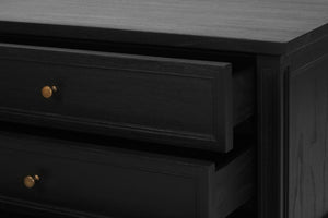 Whitsunday Wide Nightstand in black, solid hardwood bedside table with three drawers, coastal bedroom furniture with timeless beachside charm. Drawer close up.