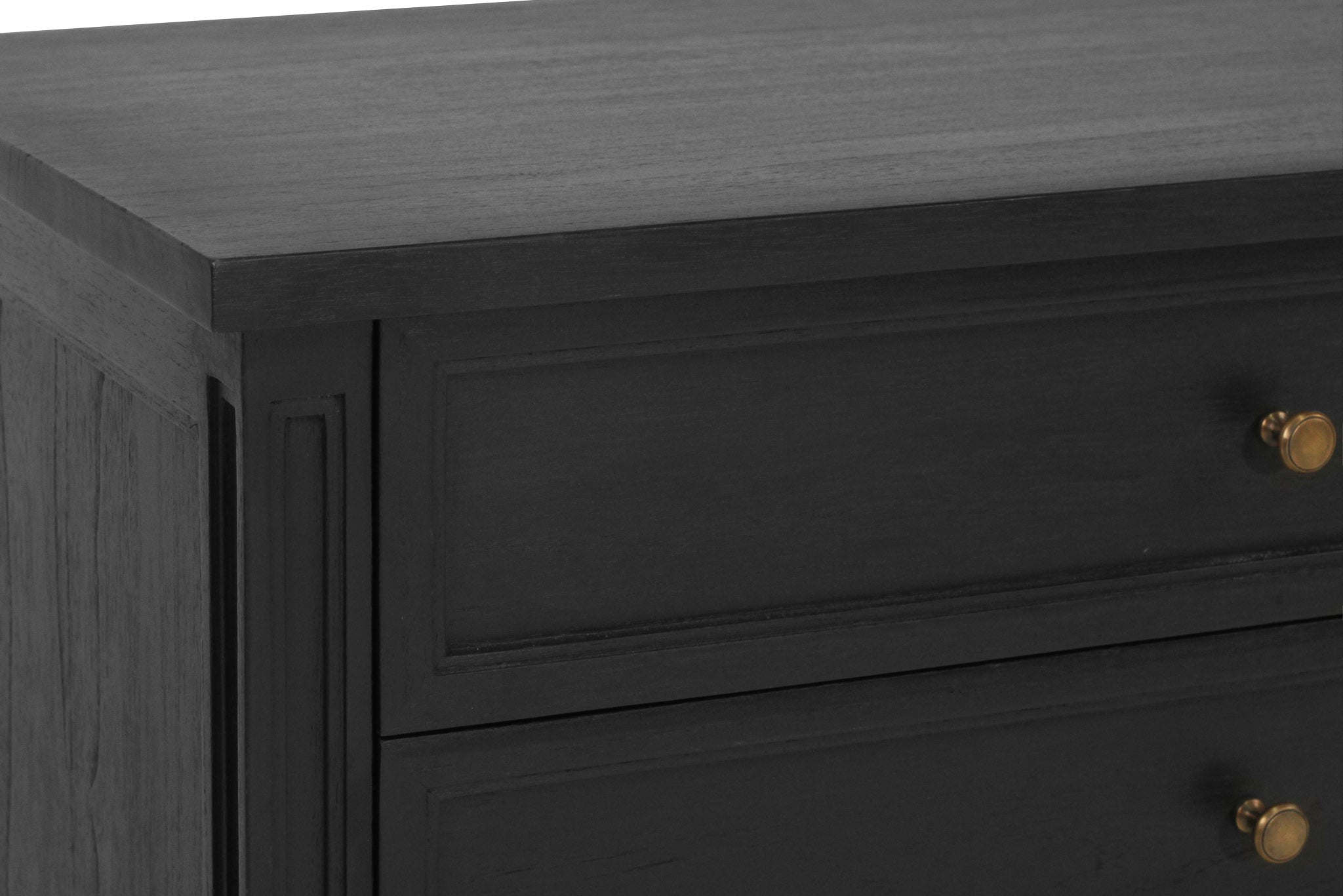 Whitsunday Wide Nightstand in black, solid hardwood bedside table with three drawers, coastal bedroom furniture with timeless beachside charm. Drawer detail.