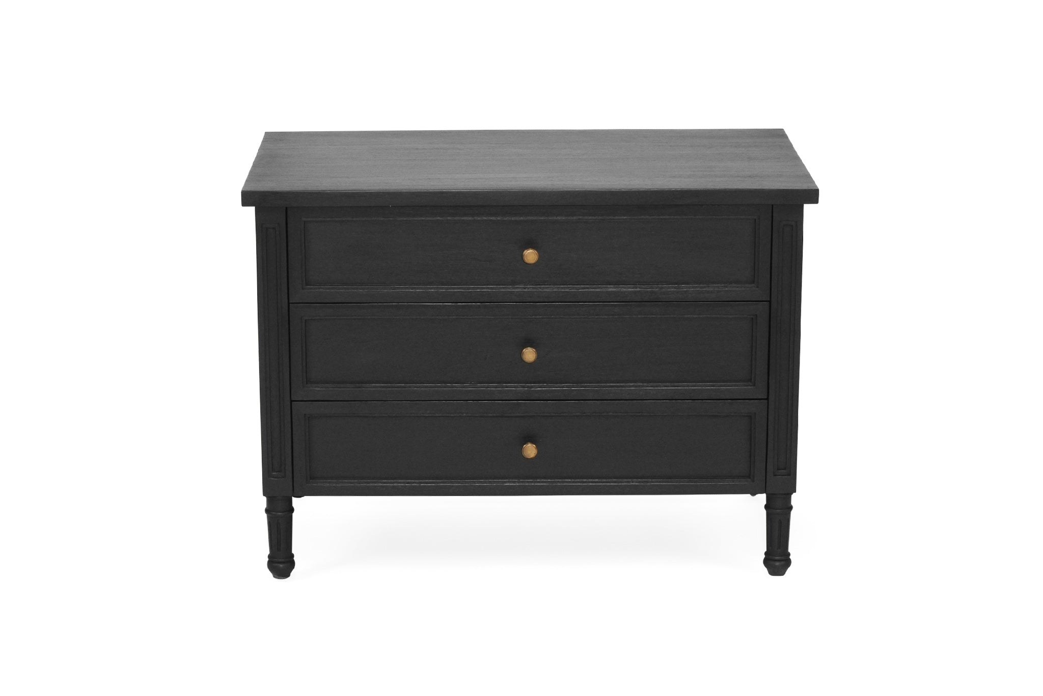 Whitsunday Wide Nightstand in black, solid hardwood bedside table with three drawers, coastal bedroom furniture with timeless beachside charm. Front perspective 1.