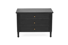 Load image into Gallery viewer, Whitsunday Wide Nightstand in black, solid hardwood bedside table with three drawers, coastal bedroom furniture with timeless beachside charm. Front perspective 1.