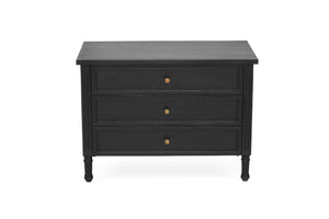 Whitsunday Wide Nightstand in black, solid hardwood bedside table with three drawers, coastal bedroom furniture with timeless beachside charm. Front perspective 1.