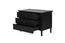 Load image into Gallery viewer, Whitsunday Wide Nightstand in black, solid hardwood bedside table with three drawers, coastal bedroom furniture with timeless beachside charm. Drawers open.