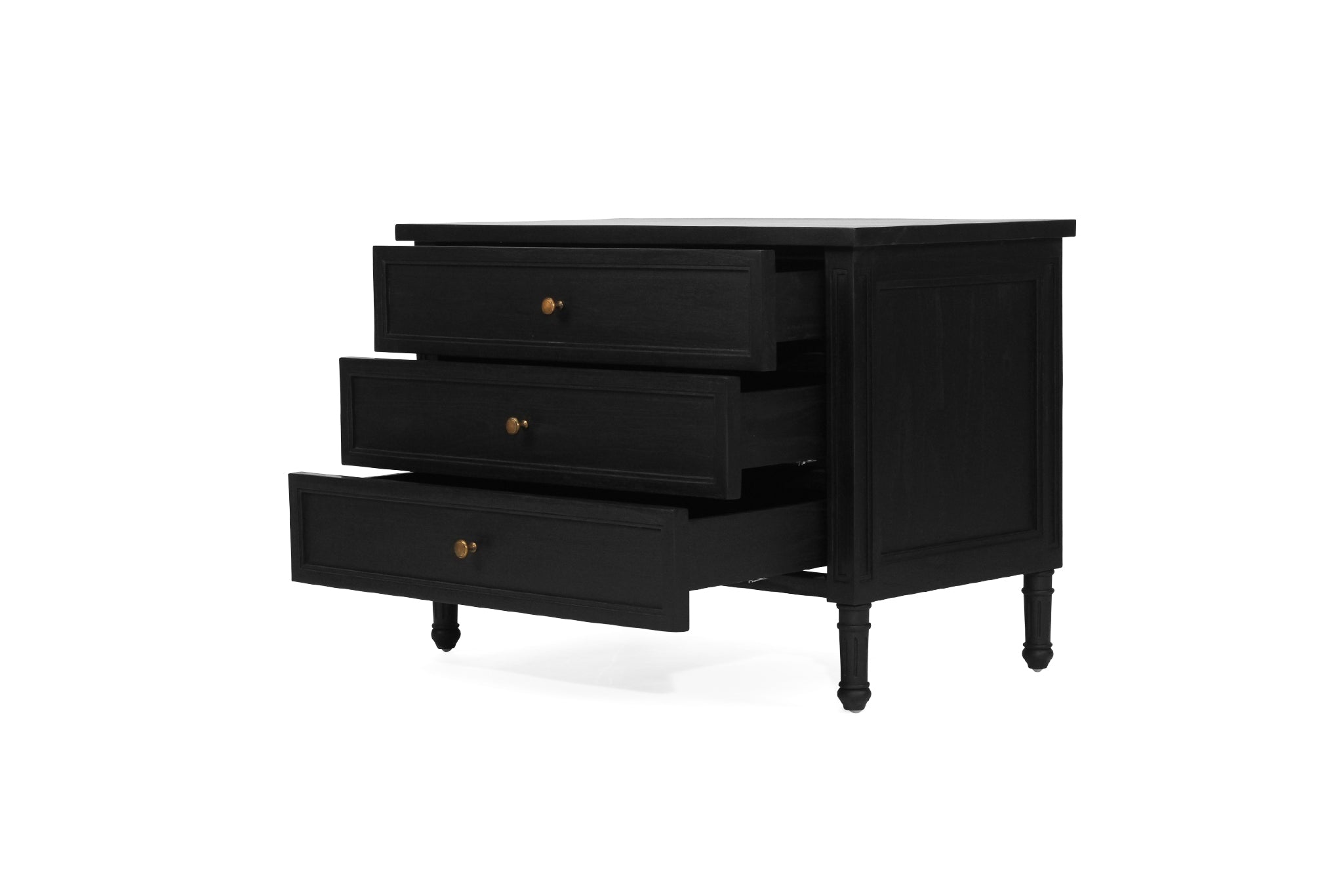 Whitsunday Wide Nightstand in black, solid hardwood bedside table with three drawers, coastal bedroom furniture with timeless beachside charm. Drawers open 2.