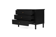 Load image into Gallery viewer, Whitsunday Wide Nightstand in black, solid hardwood bedside table with three drawers, coastal bedroom furniture with timeless beachside charm. Drawers open 2.