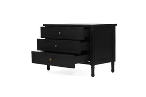 Whitsunday Wide Nightstand in black, solid hardwood bedside table with three drawers, coastal bedroom furniture with timeless beachside charm. Drawers open 2.