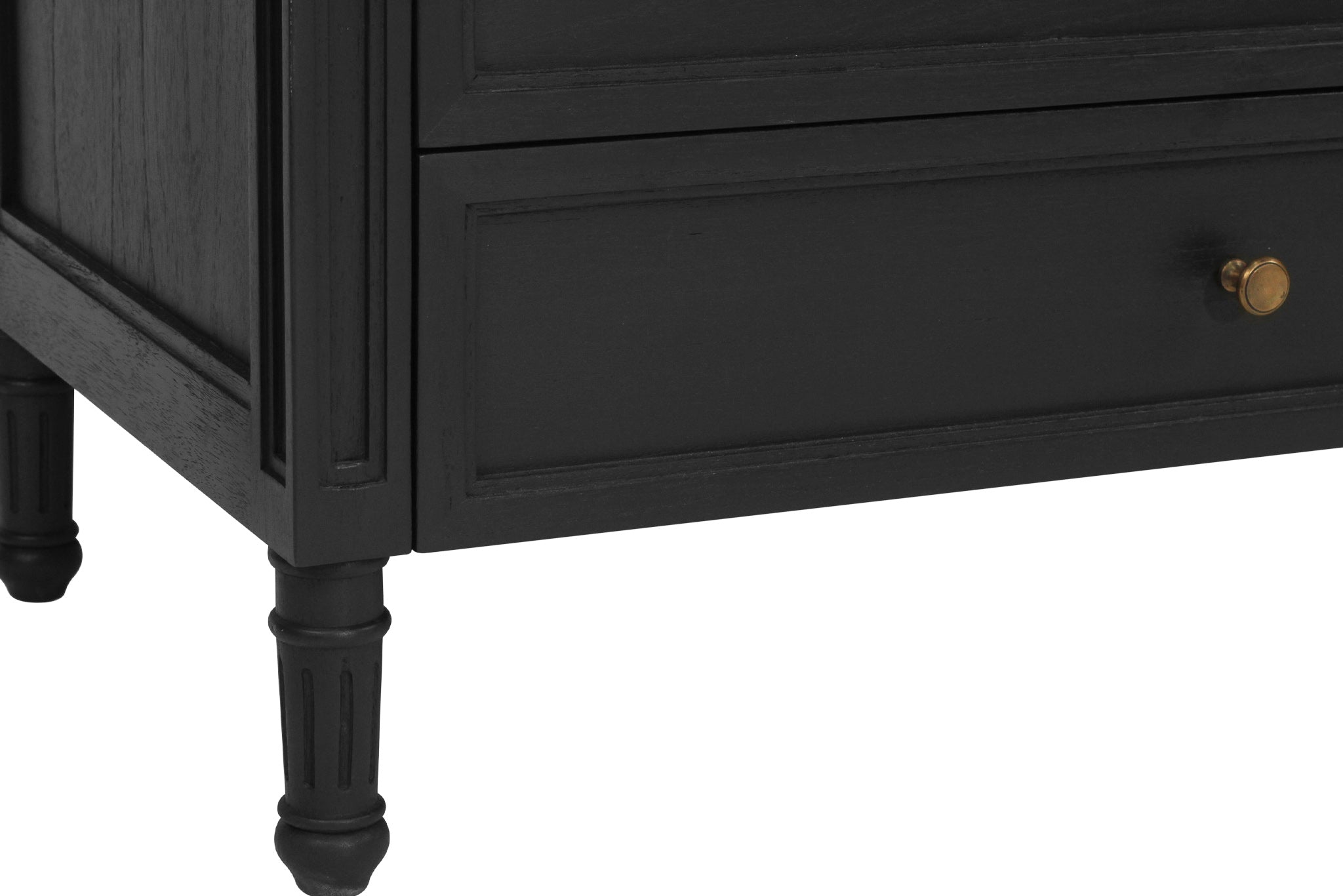 Whitsunday Wide Nightstand in black, solid hardwood bedside table with three drawers, coastal bedroom furniture with timeless beachside charm. Leg detail.