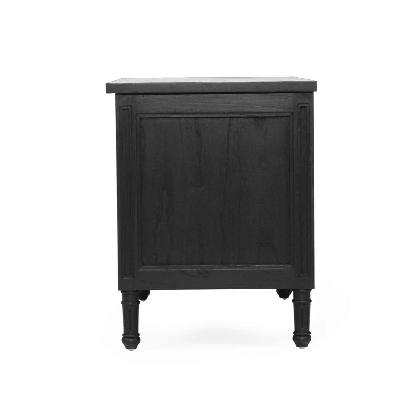 Whitsunday Wide Nightstand in black, solid hardwood bedside table with three drawers, coastal bedroom furniture with timeless beachside charm. Side perspective.