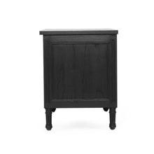 Load image into Gallery viewer, Whitsunday Wide Nightstand in black, solid hardwood bedside table with three drawers, coastal bedroom furniture with timeless beachside charm. Side perspective.