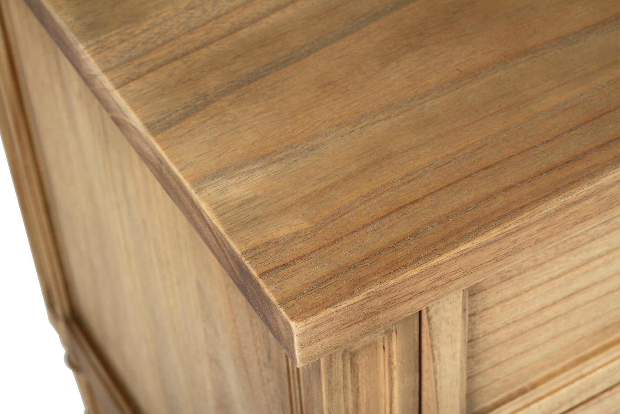 Whitsunday 3 Drawer Wide Nightstand in weathered oak, solid hardwood bedside table with three drawers, coastal bedroom furniture with timeless beachside charm. Top perspective.