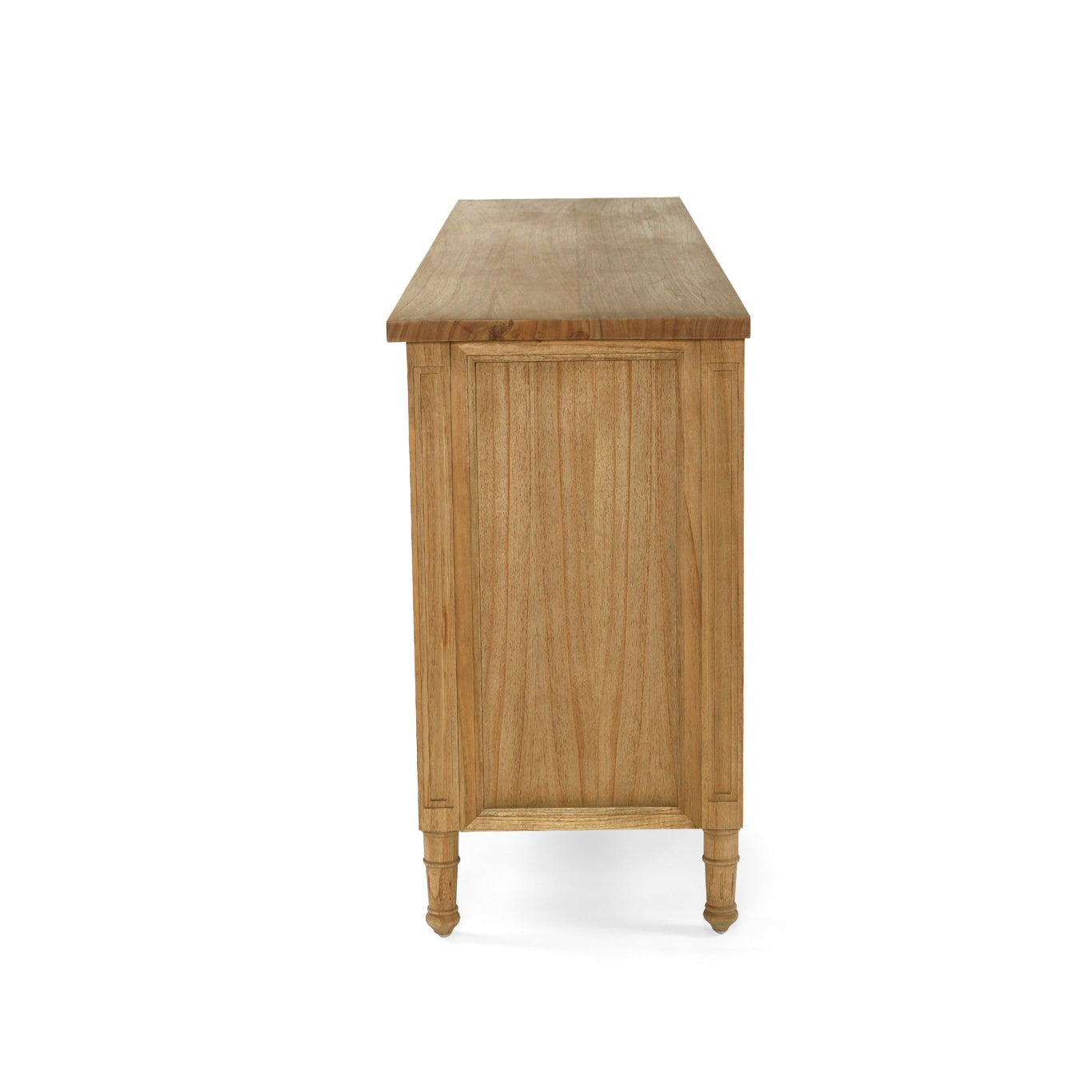 Side view of Whitsunday sideboard in solid white cedar with rattan door panels with top perspective