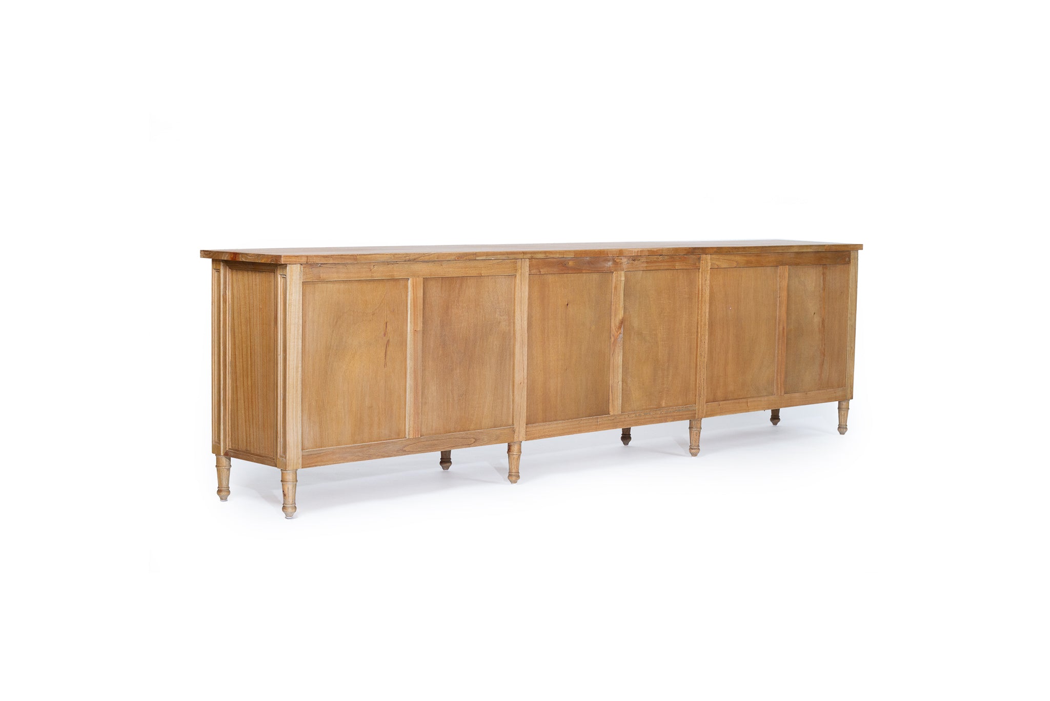 Whitsunday Six Door Sideboard in weathered oak with rattan doors, white cedar timber coastal furniture with versatile storage.  Back perspective.