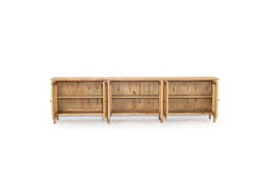 Whitsunday Six Door Sideboard in weathered oak with rattan doors, white cedar timber coastal furniture with versatile storage.  Doors open.