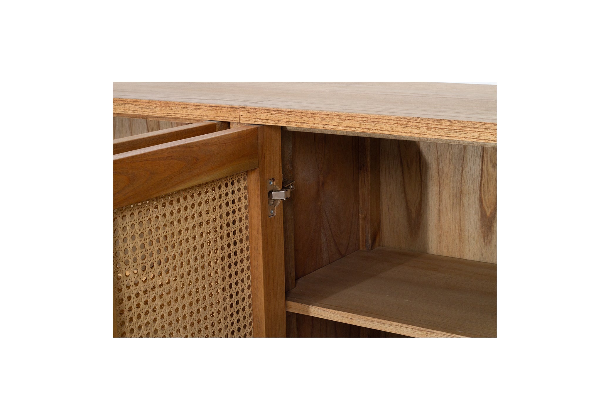 Whitsunday Six Door Sideboard in weathered oak with rattan doors, white cedar timber coastal furniture with versatile storage.  Shelf closeup.