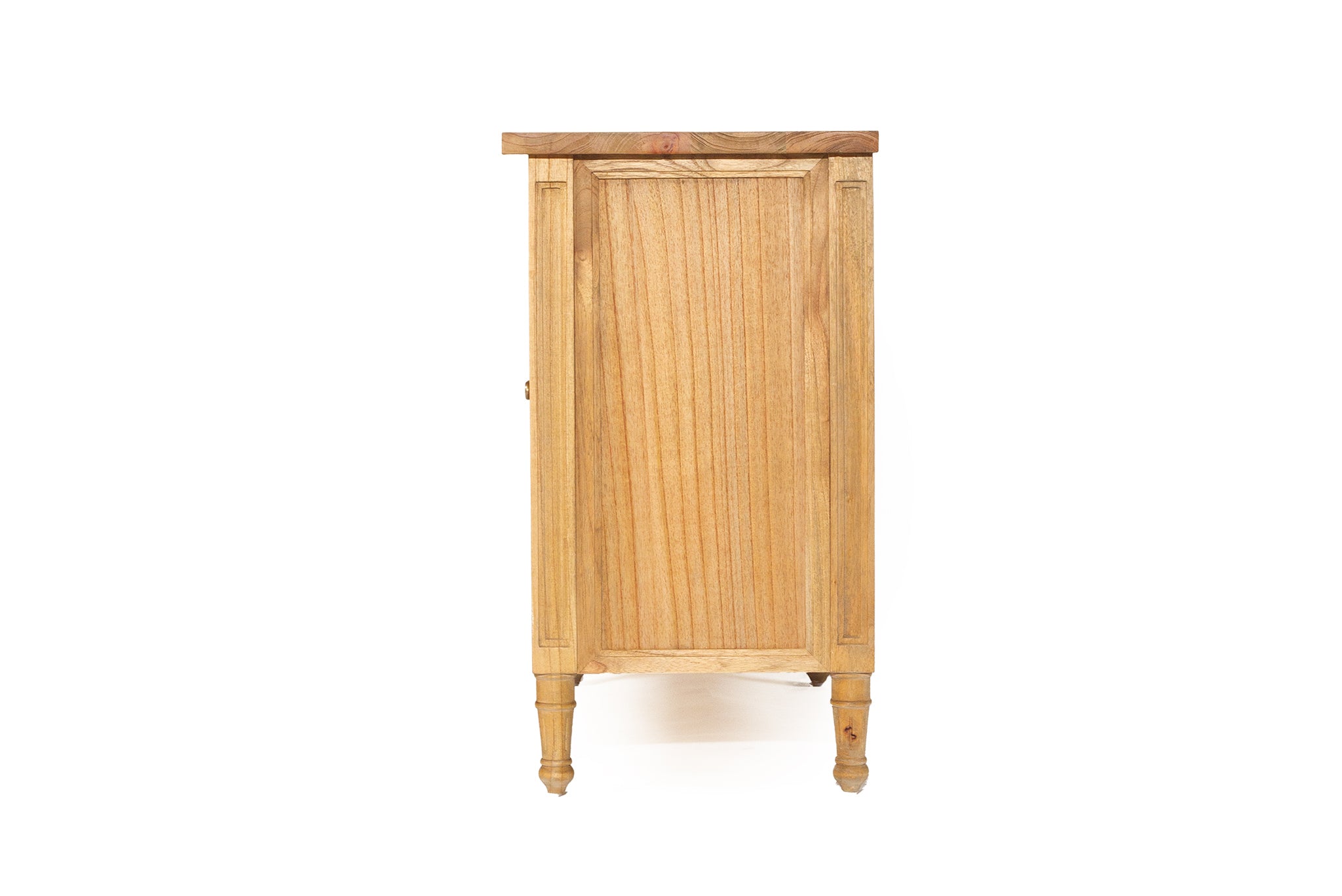 Whitsunday Six Door Sideboard in weathered oak with rattan doors, white cedar timber coastal furniture with versatile storage.  Side perspective.