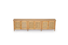 Load image into Gallery viewer, Whitsunday Six Door Sideboard in weathered oak with rattan doors, white cedar timber coastal furniture with versatile storage.  Top perspective.