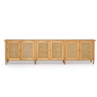 Whitsunday Six Door Sideboard in weathered oak with rattan doors, white cedar timber coastal furniture with versatile storage.