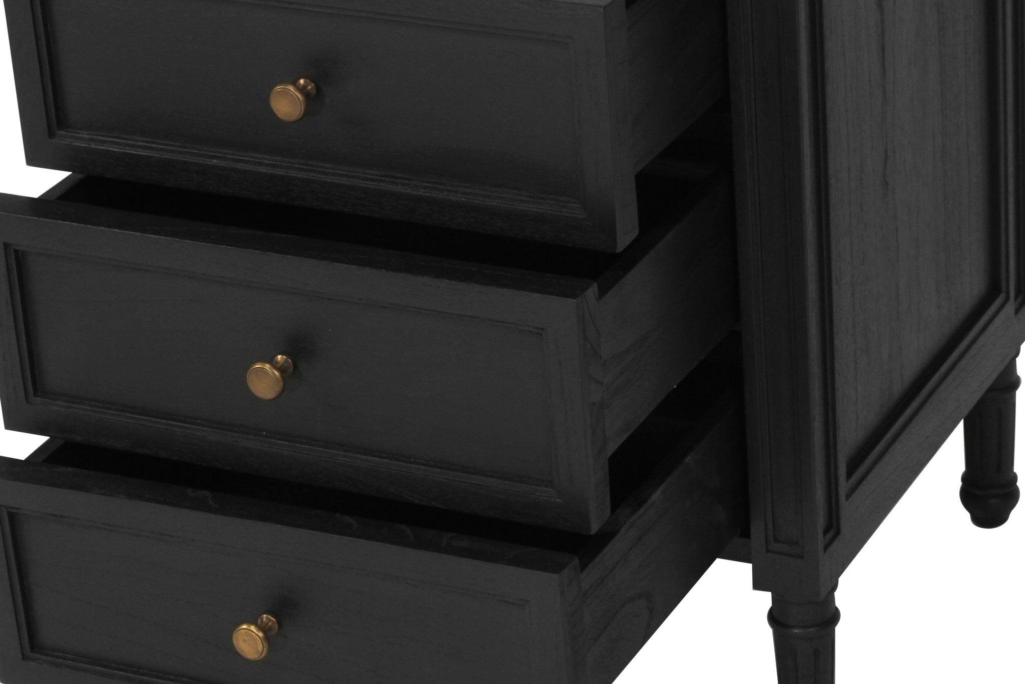 Whitsunday 3 Drawer Bedside Table in black with fluted legs and natural cane shelf, solid hardwood coastal bedroom furniture. Drawers open.