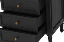 Load image into Gallery viewer, Whitsunday 3 Drawer Bedside Table in black with fluted legs and natural cane shelf, solid hardwood coastal bedroom furniture. Drawers open.