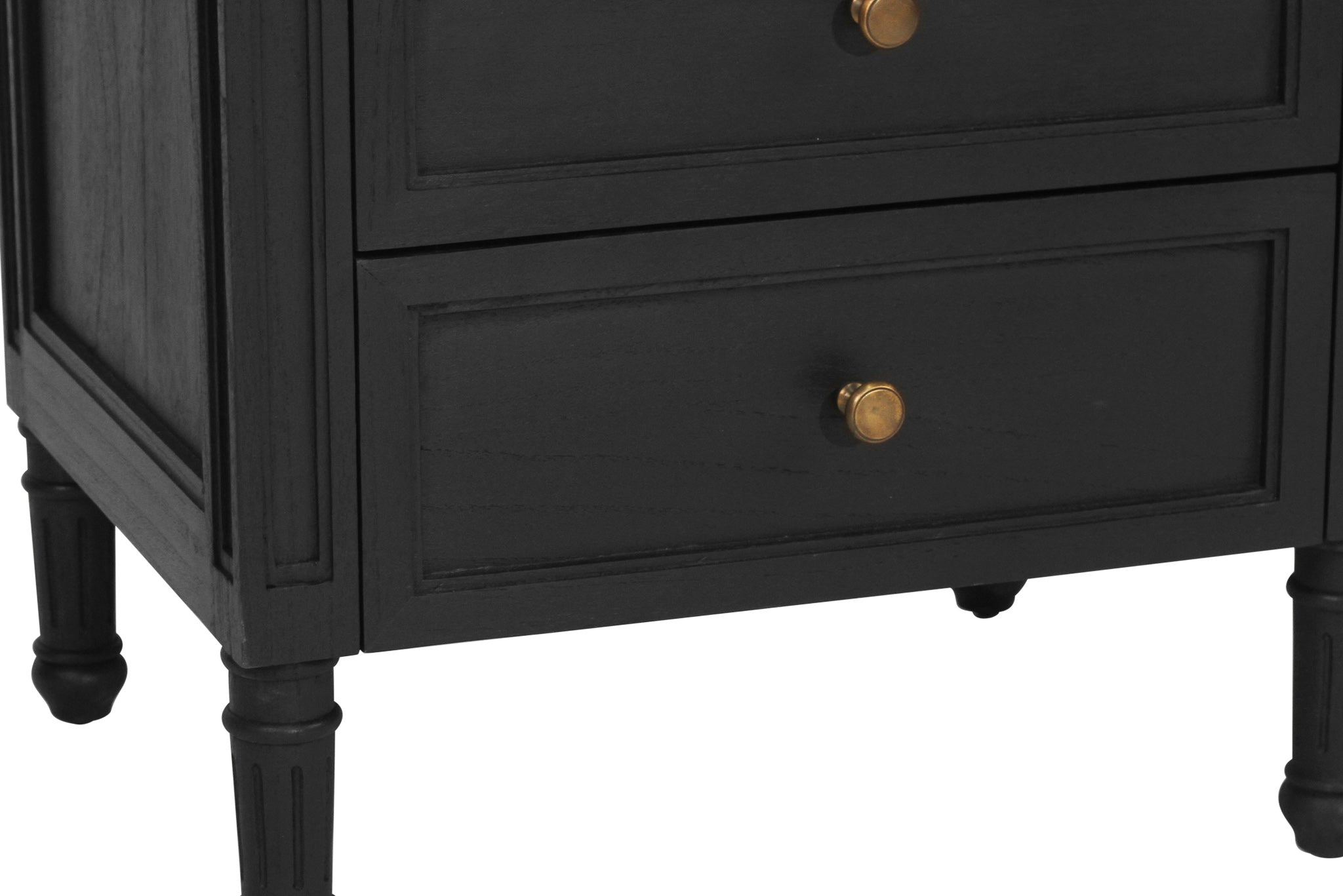 Whitsunday 3 Drawer Bedside Table in black with fluted legs and natural cane shelf, solid hardwood coastal bedroom furniture. Drawer detail.
