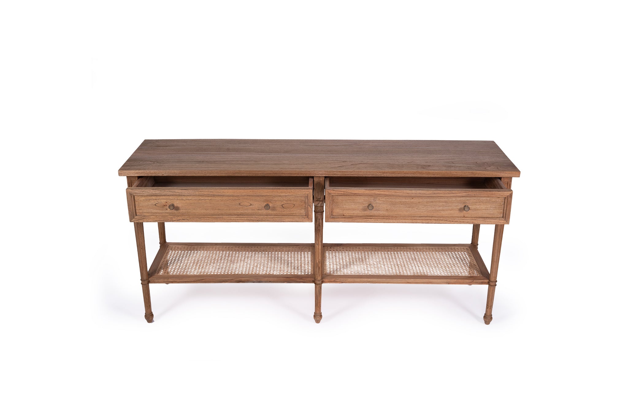 Whitsunday Wide Console Table in natural mahogany with two drawers and rattan shelf, coastal style furniture with storage. Showing drawers out.