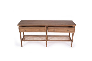 Whitsunday Wide Console Table in natural mahogany with two drawers and rattan shelf, coastal style furniture with storage. Showing drawers out.