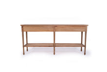 Load image into Gallery viewer, Whitsunday Wide Console Table in natural mahogany with two drawers and rattan shelf, coastal style furniture with storage. Back perspective.
