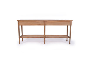 Whitsunday Wide Console Table in natural mahogany with two drawers and rattan shelf, coastal style furniture with storage. Back perspective.
