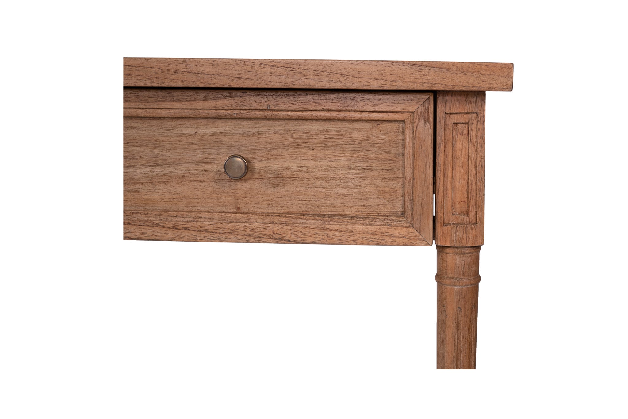 Whitsunday Wide Console Table in natural mahogany with two drawers and rattan shelf, coastal style furniture with storage. Drawer close up.
